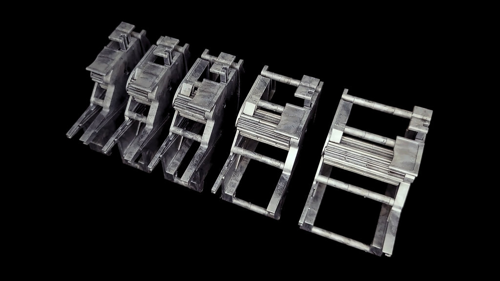 Five MTI tape feeders set for 8, 12, 16, 24 and 32 mm tape, left to right