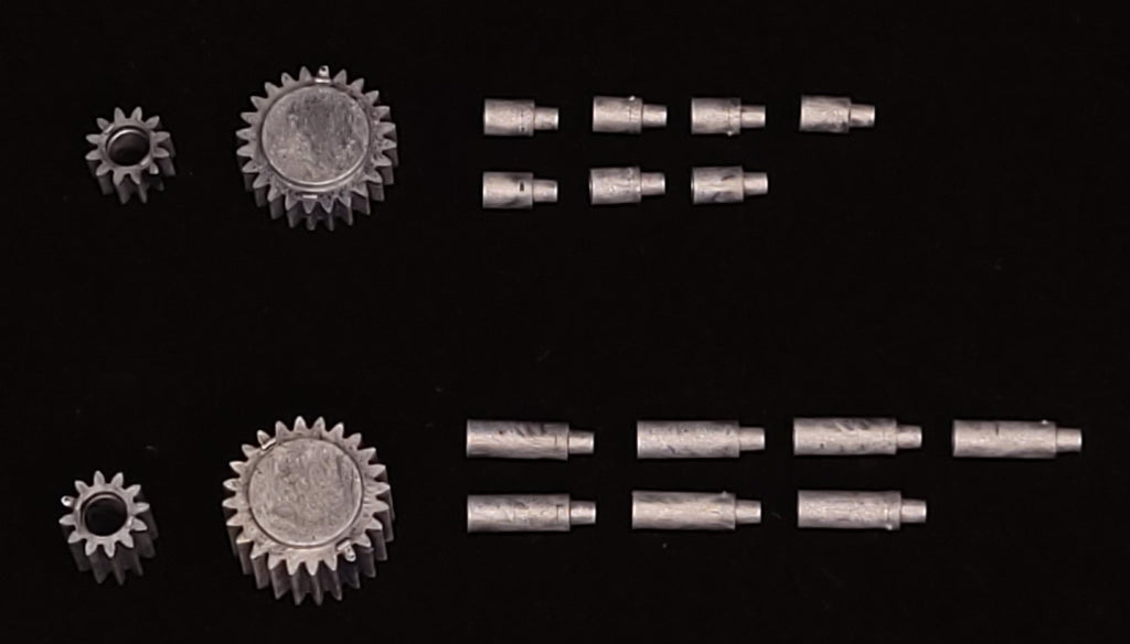 MTI extension kit parts: gear extensions and extension pins for the 4 mm kit and the 8 mm kit