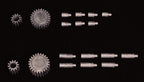 MTI extension kit parts: gear extensions and extension pins for the 4 mm kit and the 8 mm kit