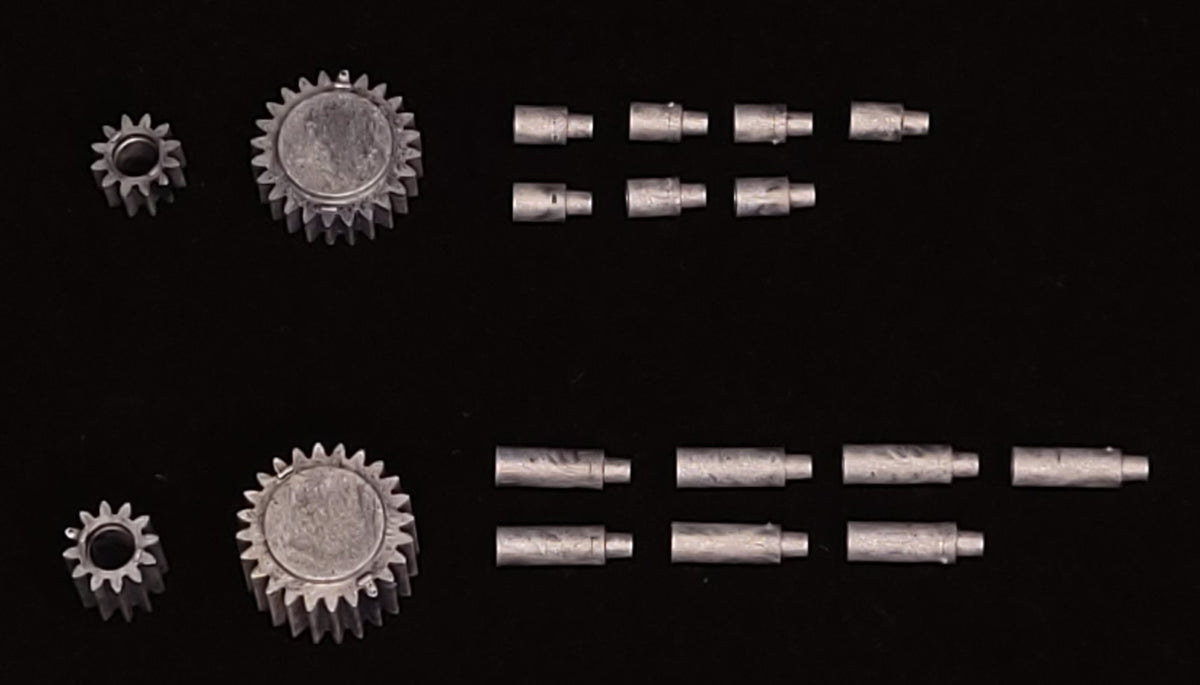 MTI extension kit parts: gear extensions and extension pins for the 4 mm kit and the 8 mm kit