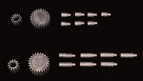 MTI extension kit parts: gear extensions and extension pins for the 4 mm kit and the 8 mm kit
